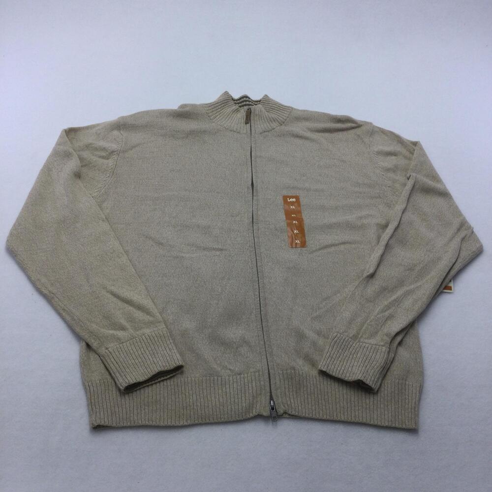 Lee Sweater Mens XL Beige Full Zip Mock Neck Cotton Knit Ribbed Trim Casual
